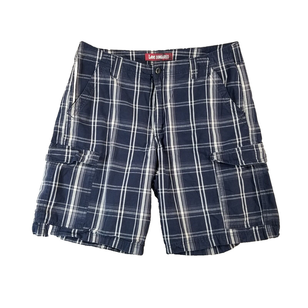 Lee dungarees cargo shorts men's 36x11 blue plaid‎ lightweight cotton outdoor